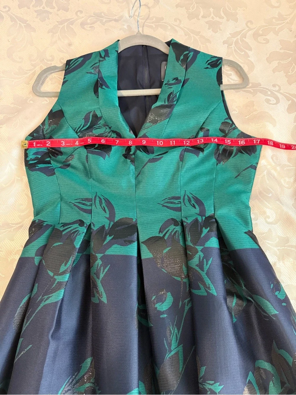 Vince Camuto Emerald & Navy Floral Jacquard Fit & Flare Cocktail Dress Sz 4 - Picture 12 of 12